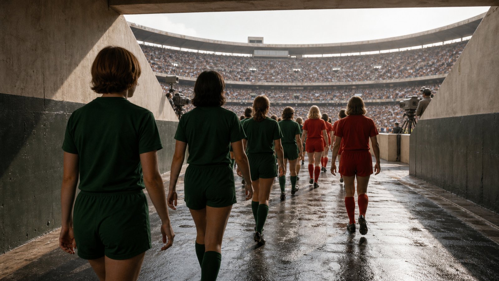 Women footballers walk from the Estadio Azteca tunnel toward the enormous crowd at the 1971 final
