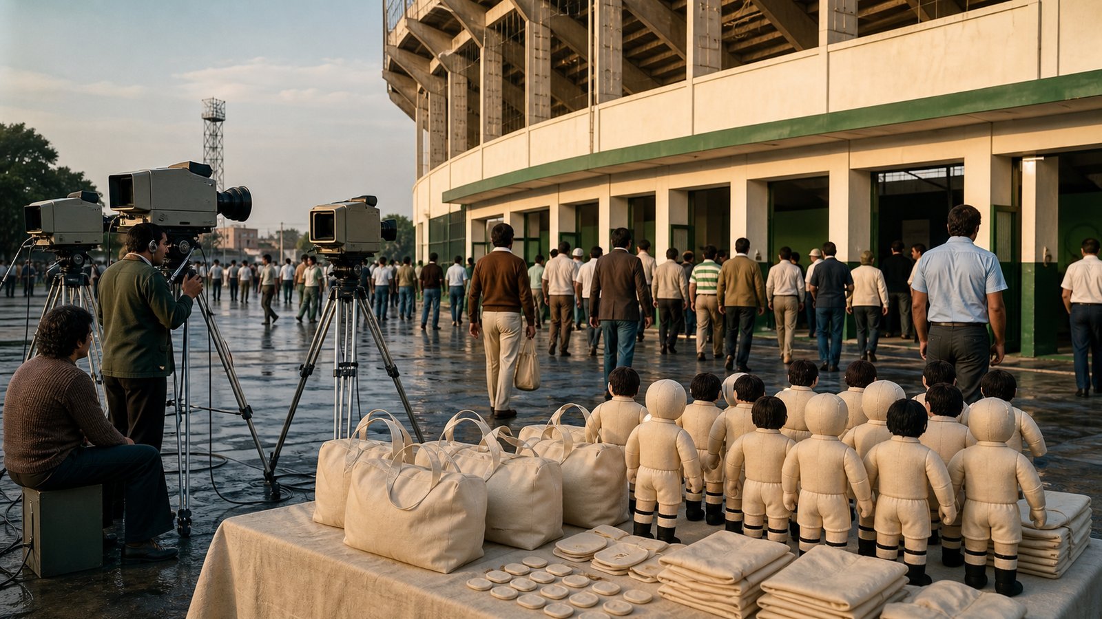 A 1971 tournament merchandise stall and television cameras outside a packed Mexican stadium