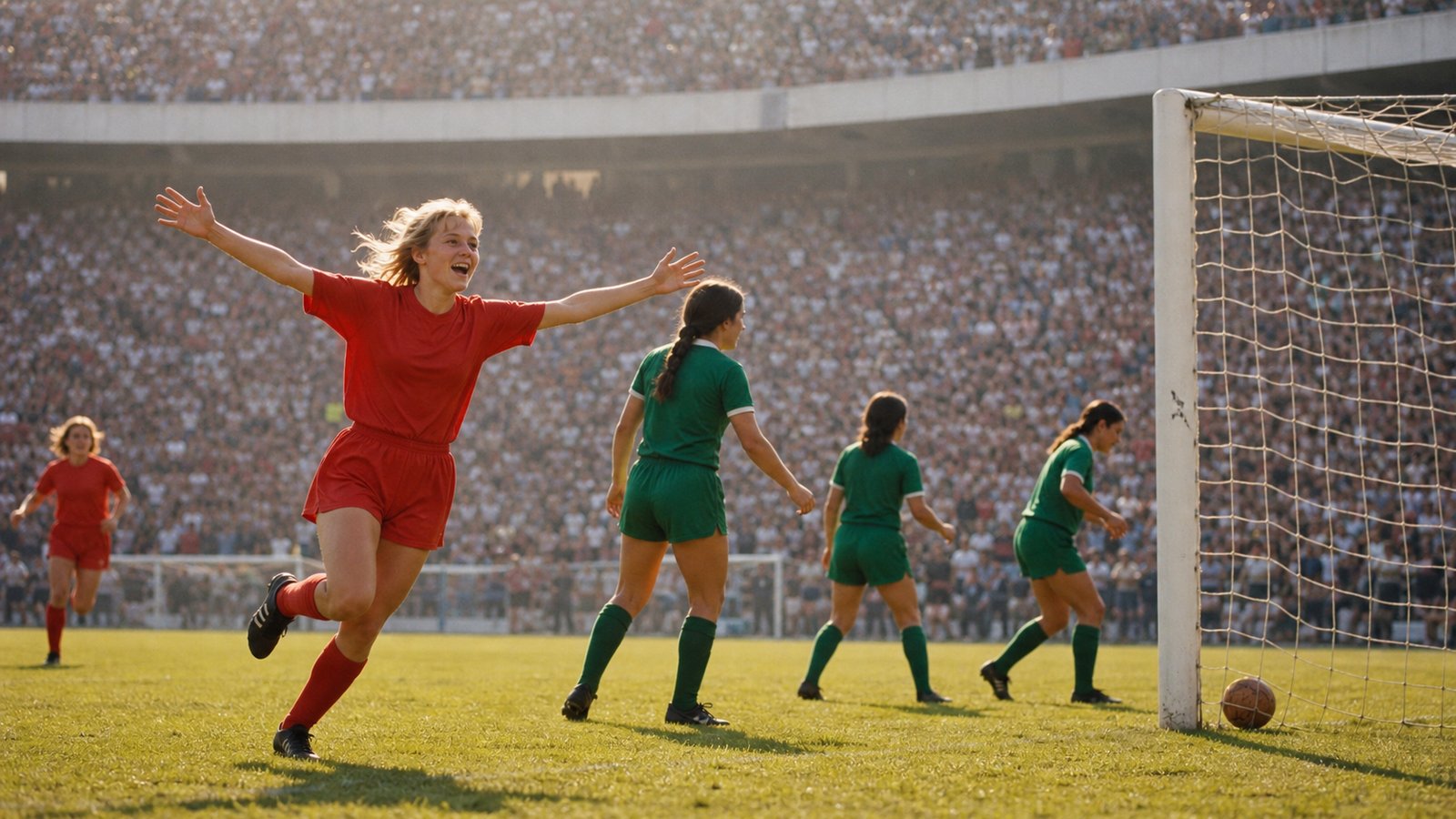 A teenage Danish forward celebrates a goal before an immense crowd in the 1971 final