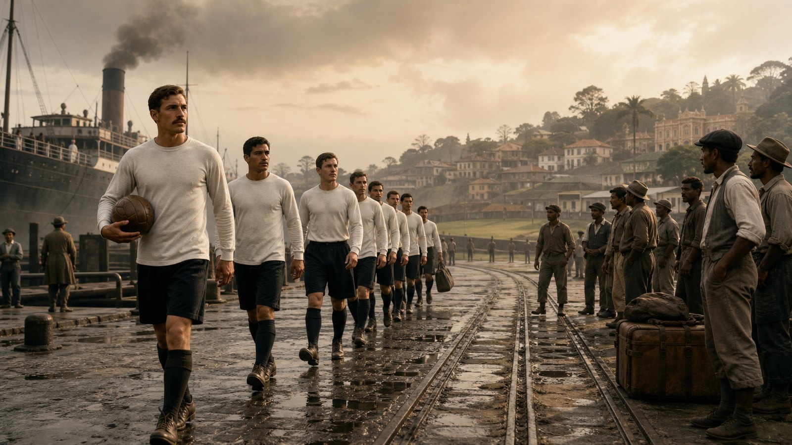 Corinthian footballers arriving from a steamship for their 1910 tour of Brazil
