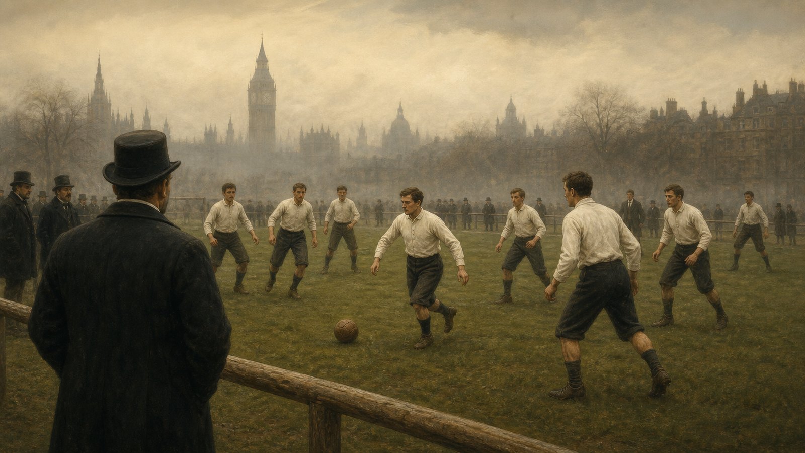Corinthian amateurs training together in a late Victorian London football ground