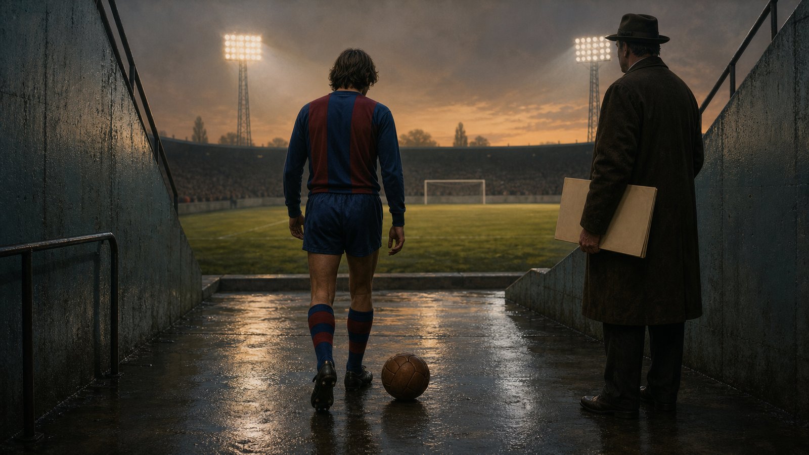 A generic 1973 football playmaker walks from a stadium tunnel toward a packed pitch