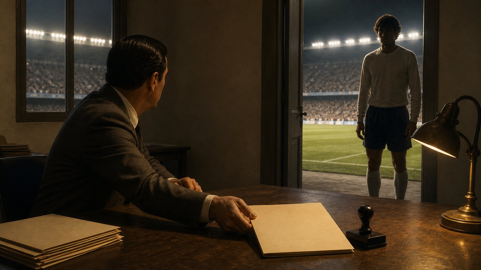 A generic 1973 football playmaker waits beside a registration desk overlooking a floodlit stadium