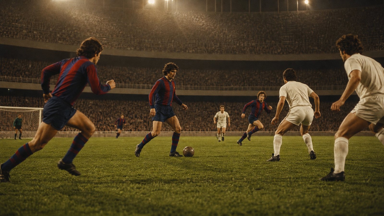 A generic orange-shirted playmaker drops into midfield as teammates run beyond him in a 1970s stadium