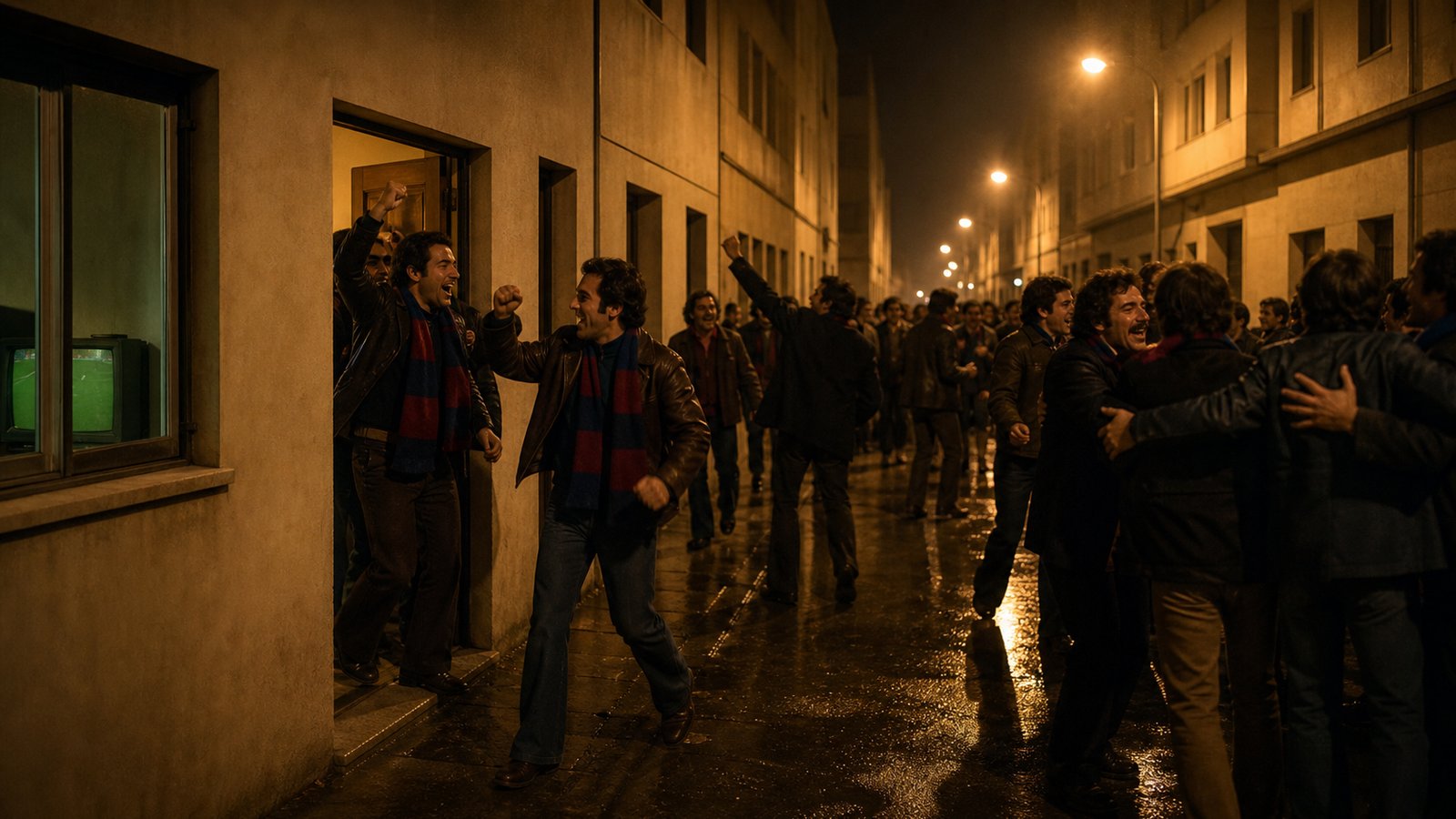 Generic Barcelona supporters celebrate a five-goal away victory around radios and televisions in 1974