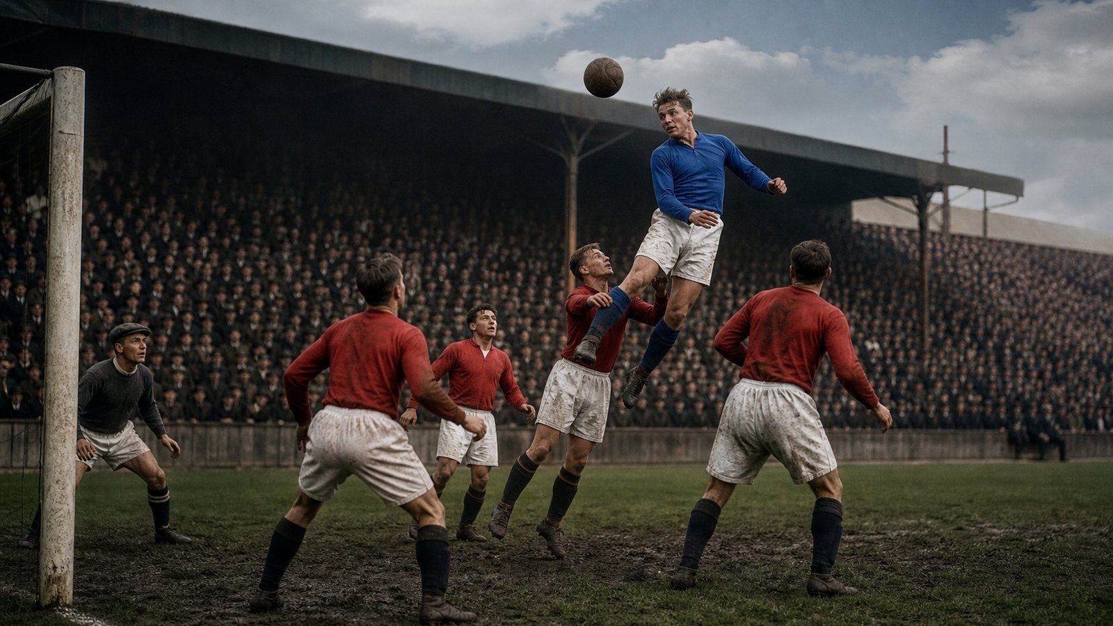 A blue-shirted centre-forward heads above red-shirted defenders at Goodison Park in 1928