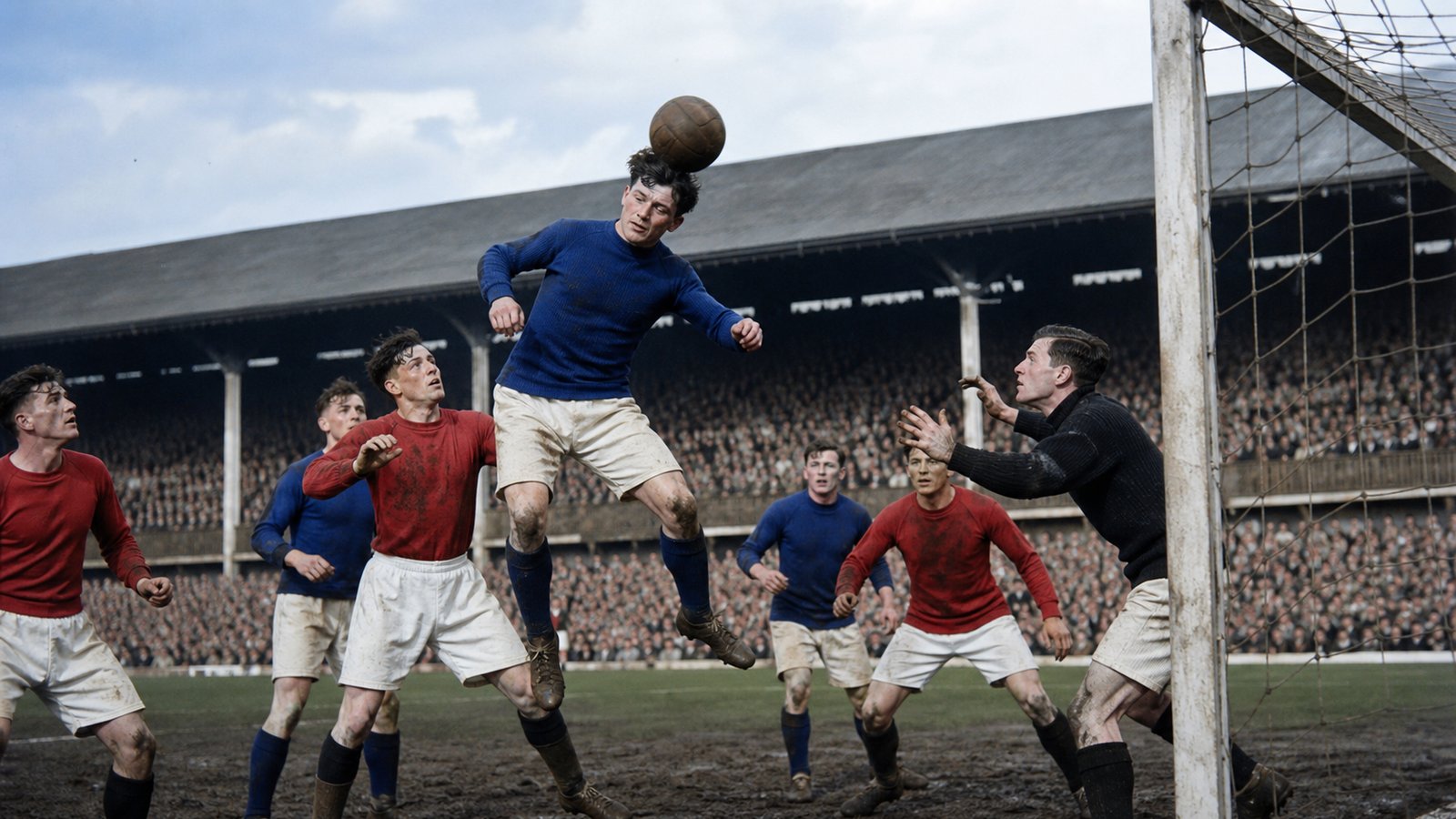 Dixie Dean rises among defenders to head a late corner at Goodison Park