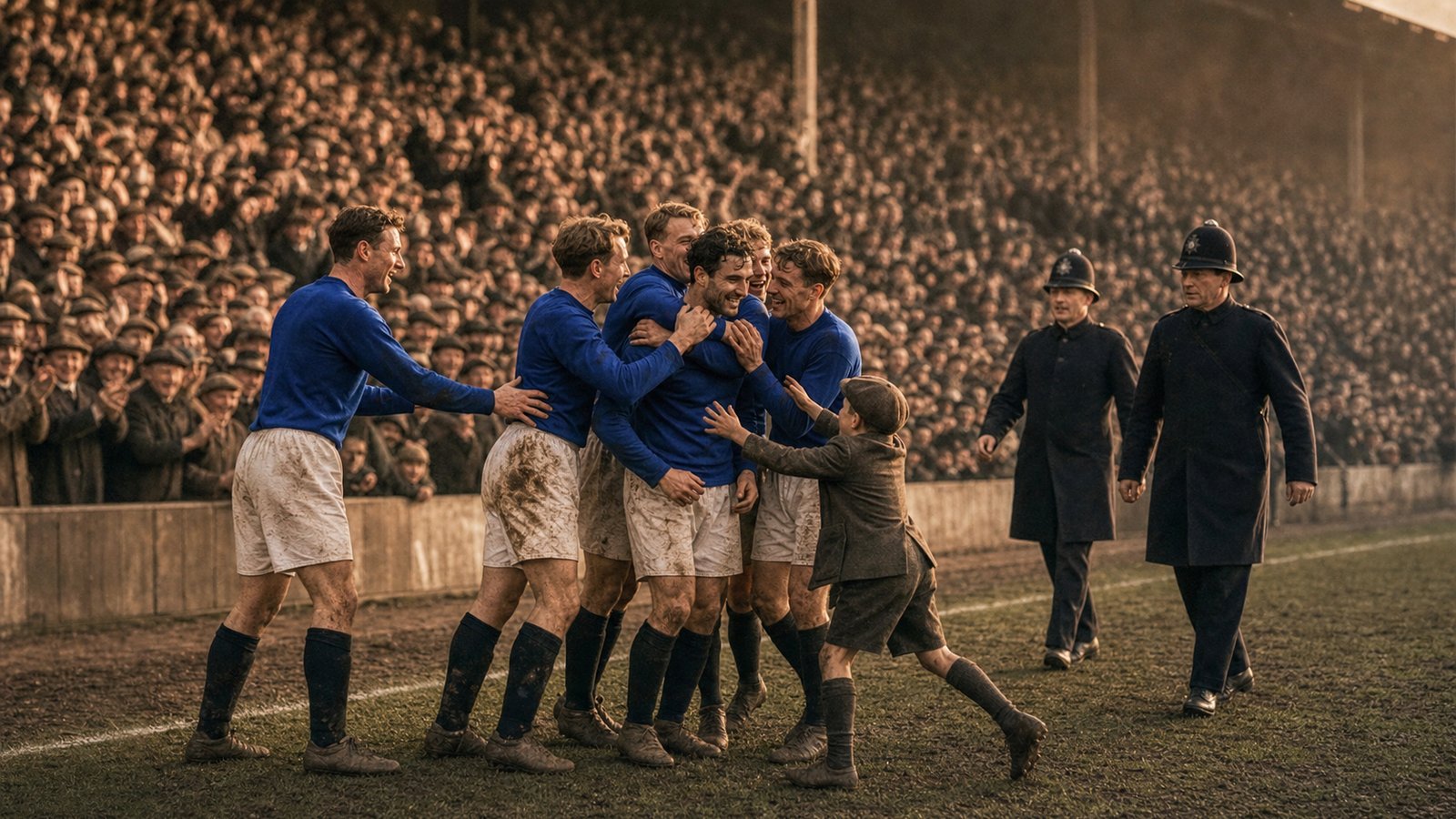 Dixie Dean and Everton teammates acknowledge the Goodison crowd after the 1928 record