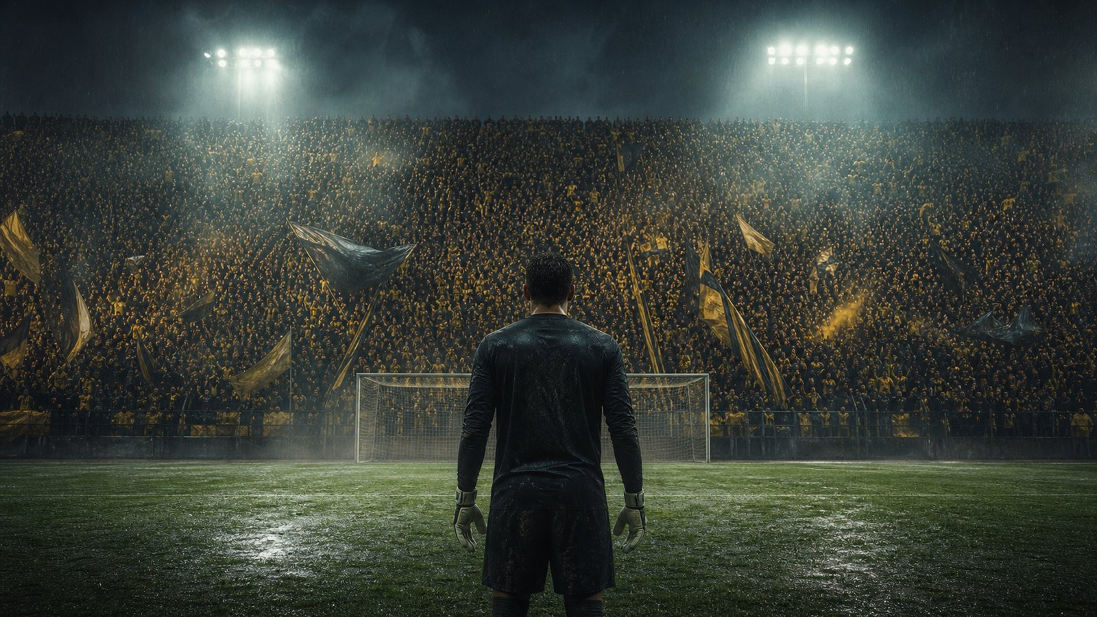 A visiting goalkeeper facing Dortmund’s steep black-and-yellow south terrace