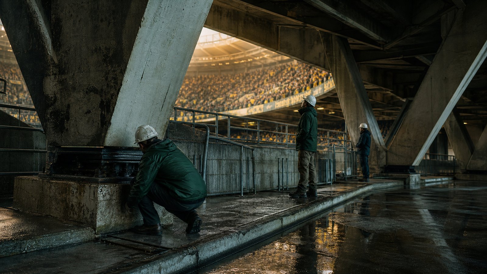 Stadium engineers inspecting concrete and barriers beneath Dortmund’s south terrace