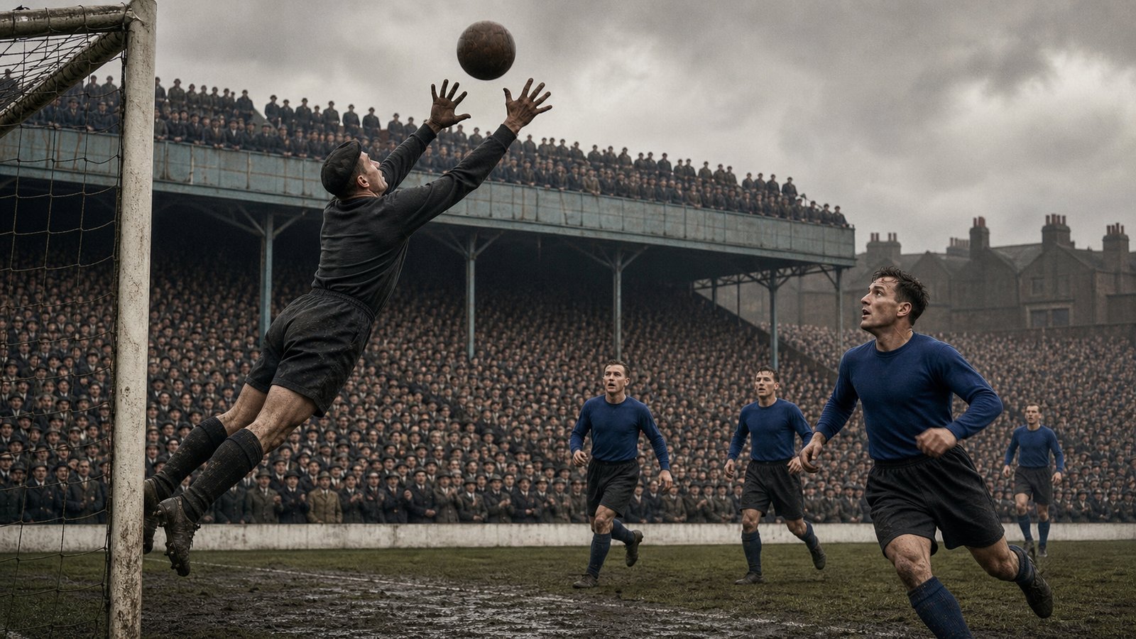 A goalkeeper reaches for the ball before a packed postwar Stamford Bridge crowd