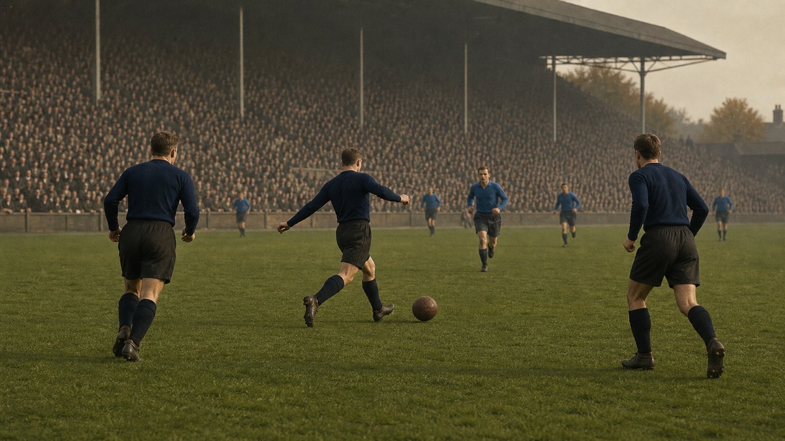A packed 1945 Stamford Bridge watches a fast passing move between Chelsea and Dynamo Moscow