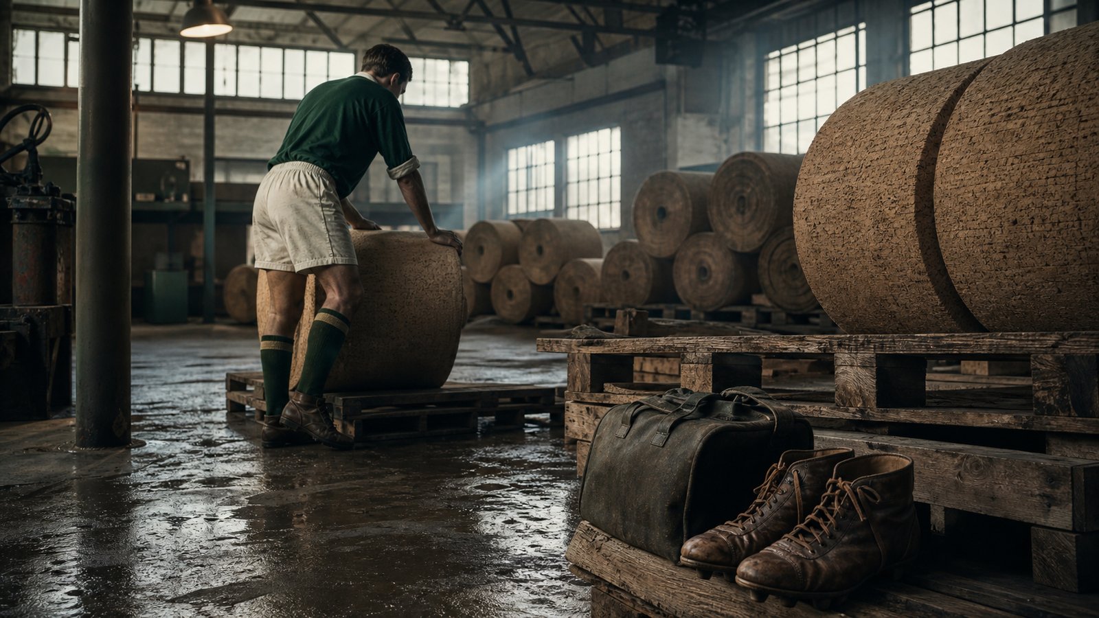 George Eastham working among cork rolls in Surrey while Newcastle retained his football registration
