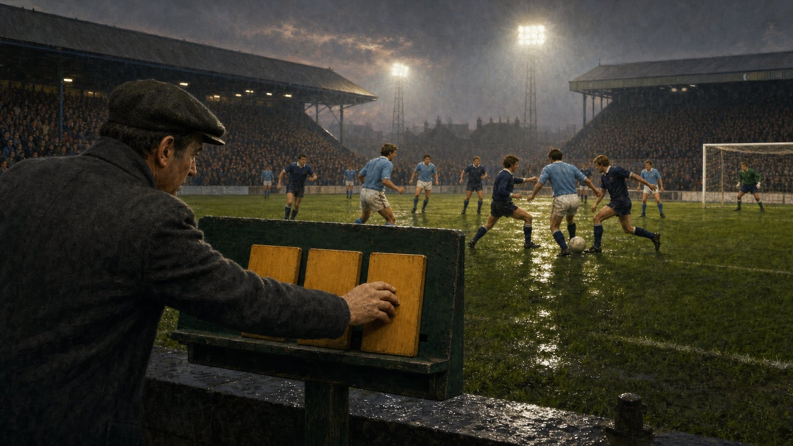 A rainy 1981 football ground as an attendant places a third blank amber points marker