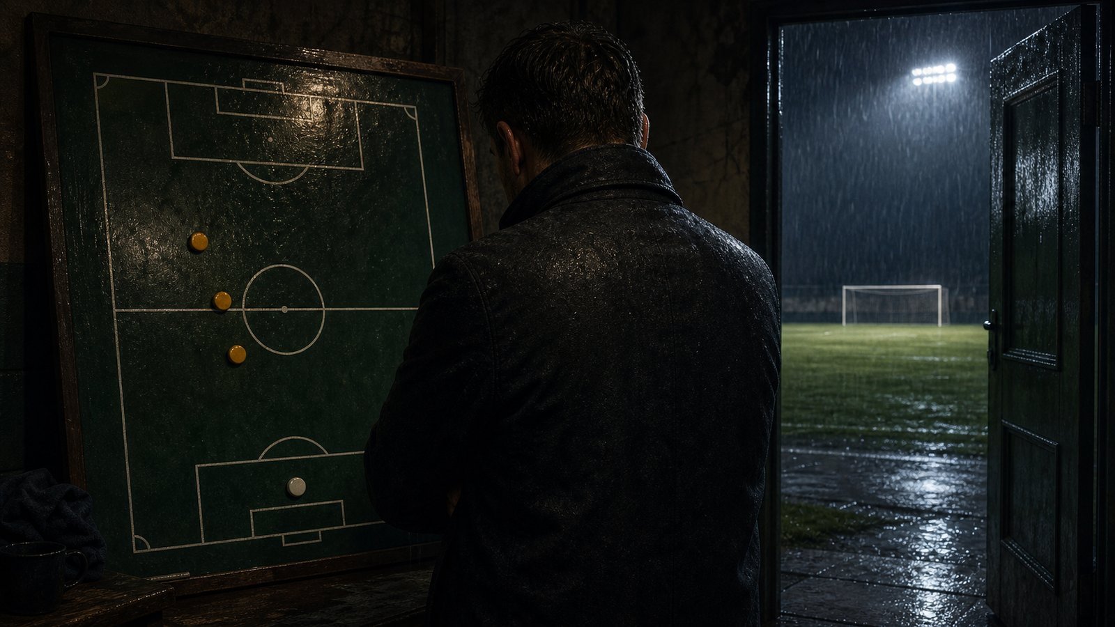 A football coach at a rain-darkened tactical board balancing one attacking arrow against a compact defensive block