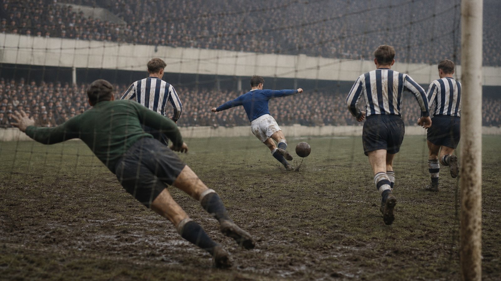 Mike Trebilcock striking Everton’s equaliser through a crowded Wembley penalty area