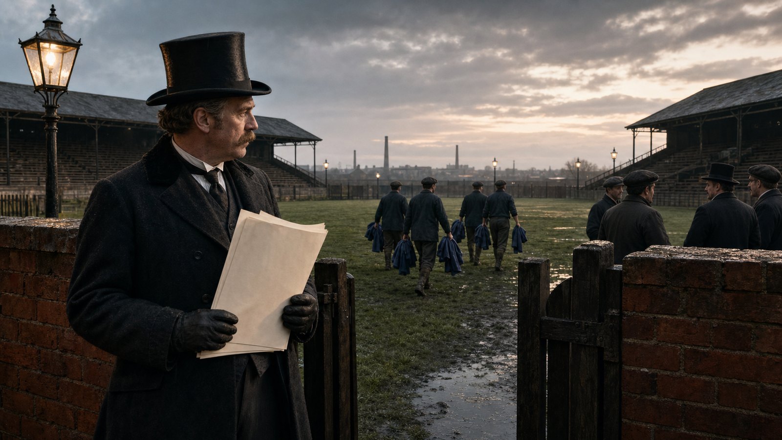 John Houlding watches plain blue-shirted players leave a wet Victorian football ground