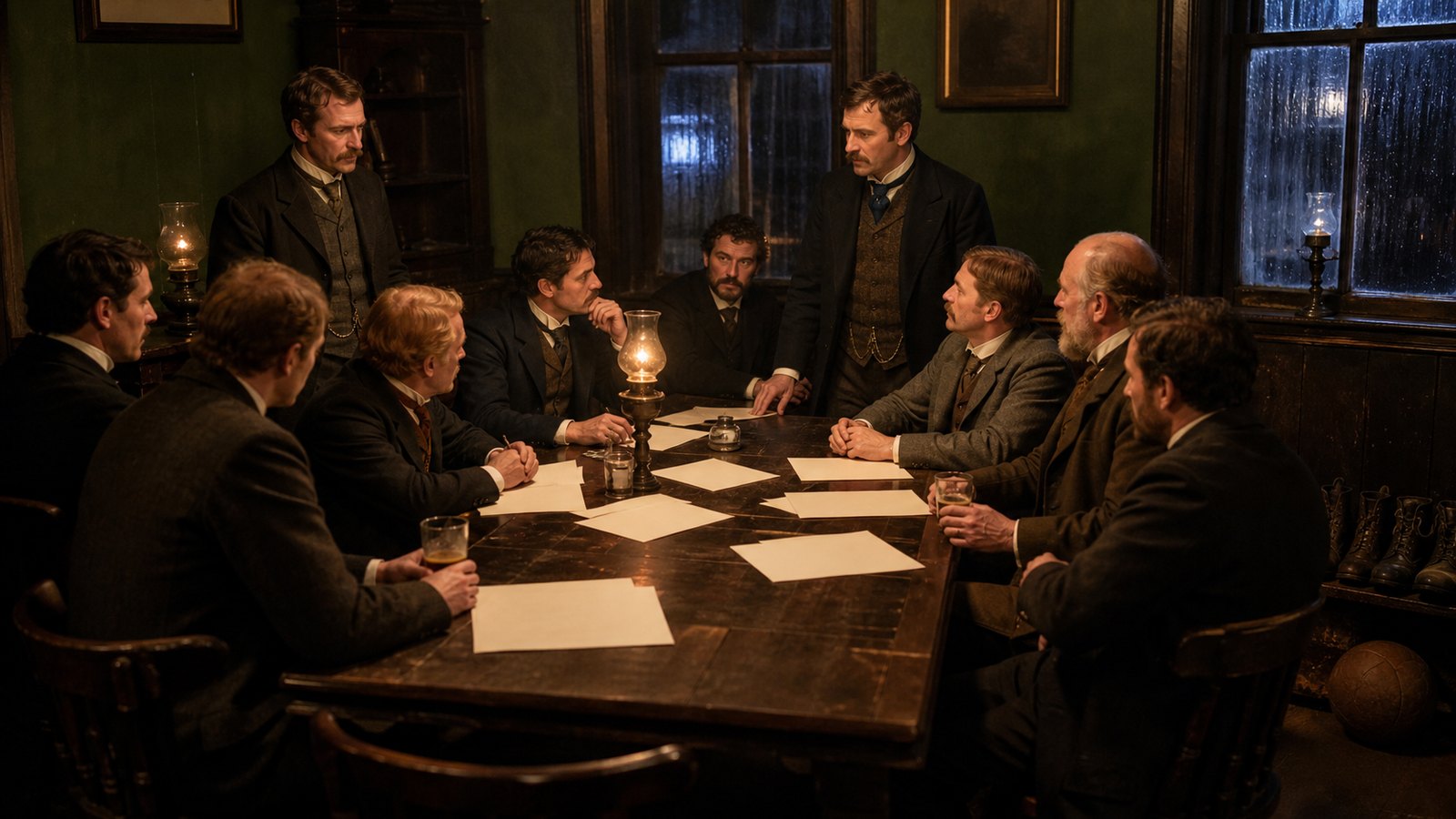 Victorian football officials debate ground rent around a pub table near Anfield