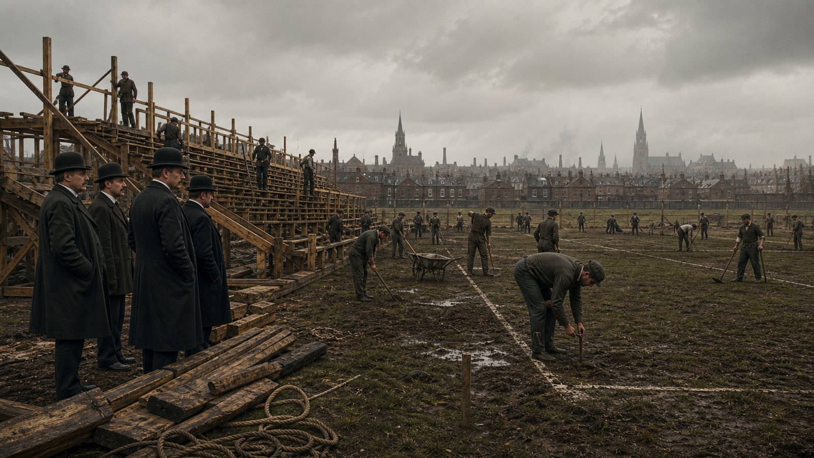 Workers prepare Goodison Park terraces on open land north of Stanley Park in 1892
