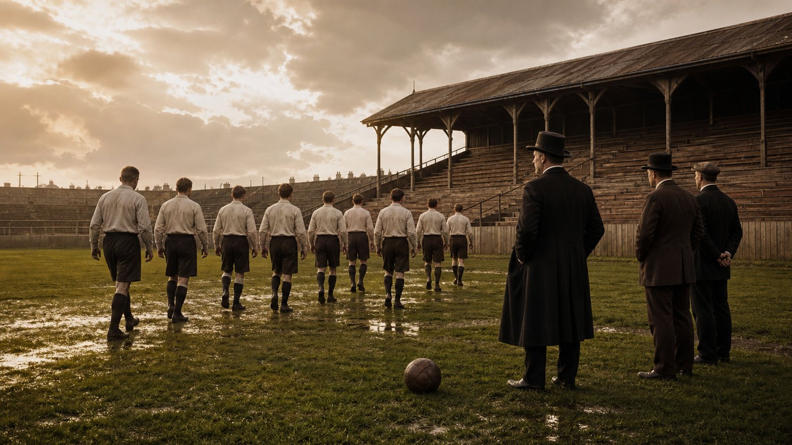 A newly assembled football team walks onto an otherwise empty Anfield in the 1890s