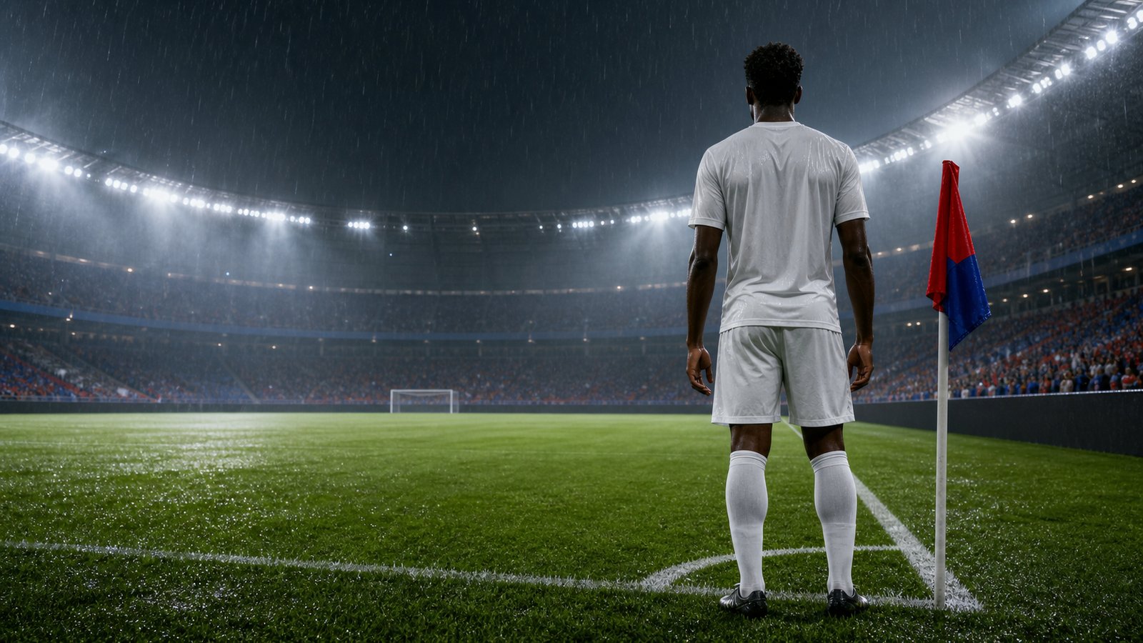 Luís Figo approaching a rain-soaked Camp Nou corner in an anonymous plain kit