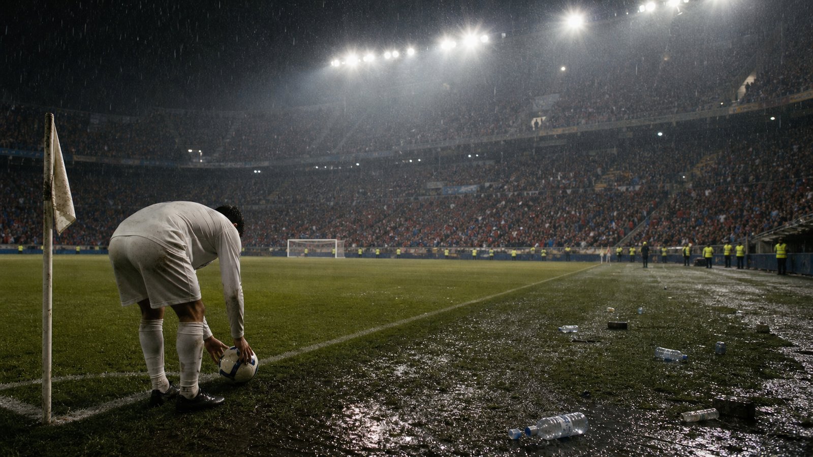 An anonymous white-shirted winger approaching a rain-soaked Camp Nou corner through scattered harmless debris