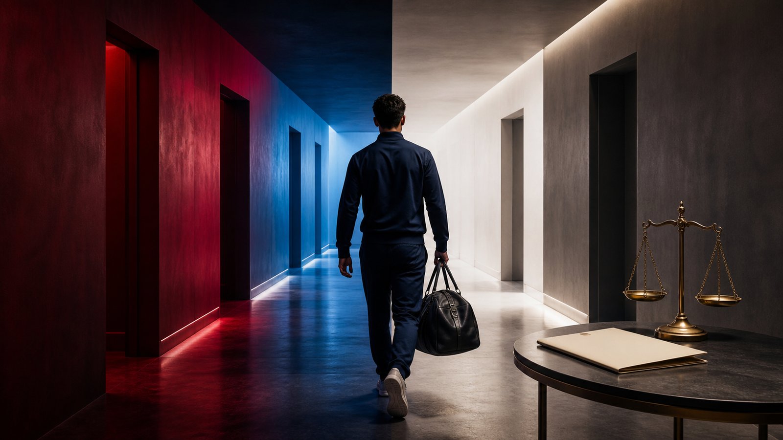 A split red-blue and white football corridor with a record transfer ledger and an anonymous winger crossing between dressing rooms