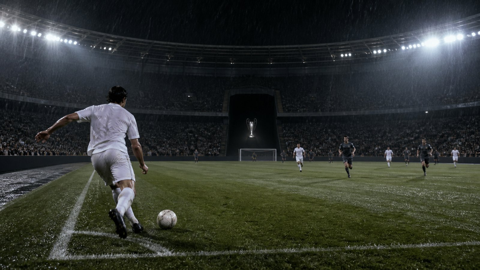 An anonymous early-2000s winger delivering a cross under European floodlights as silver trophy silhouettes wait beyond