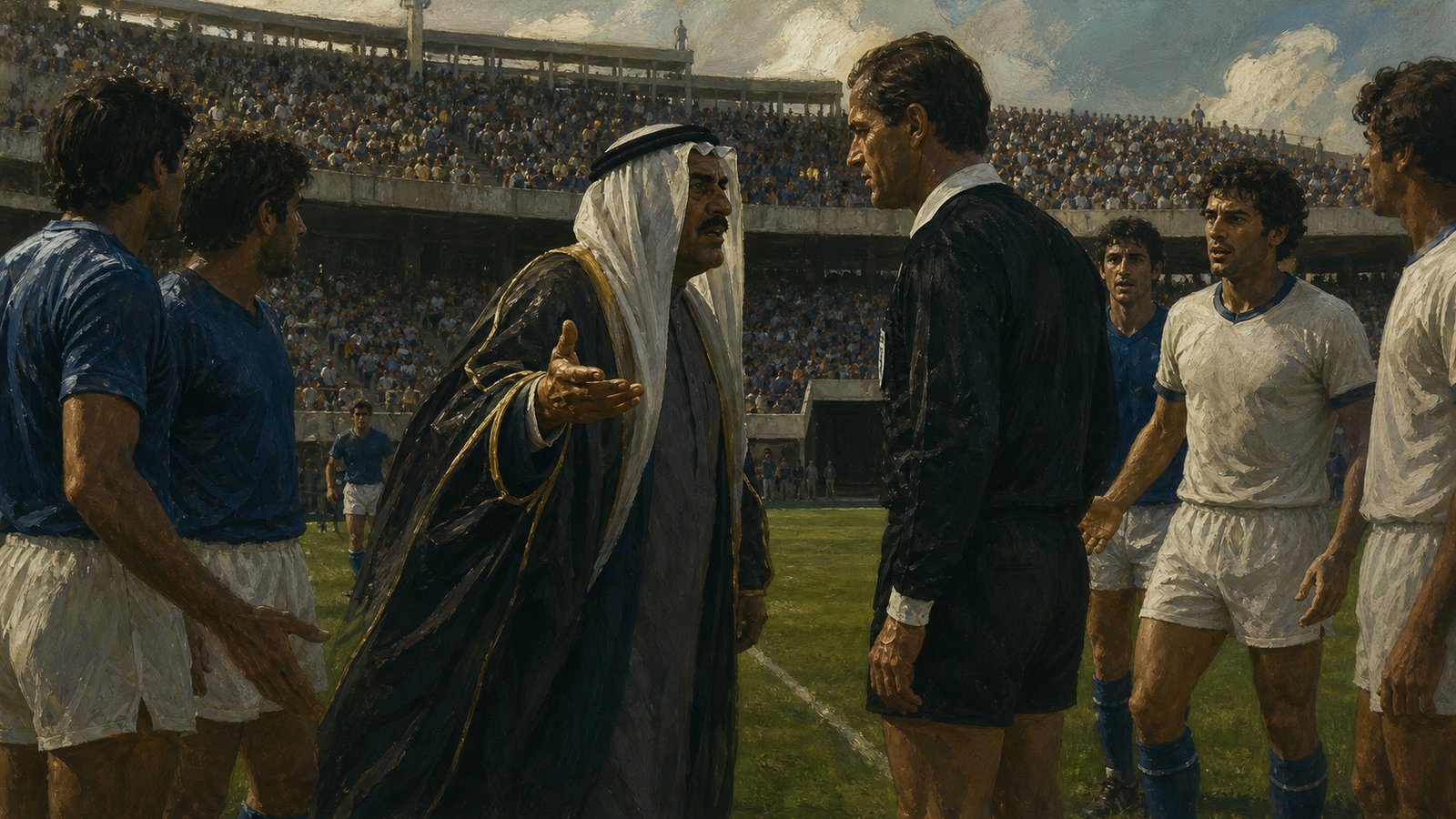 A Gulf football delegation president approaches a referee amid anonymous players in a tense 1982 stadium