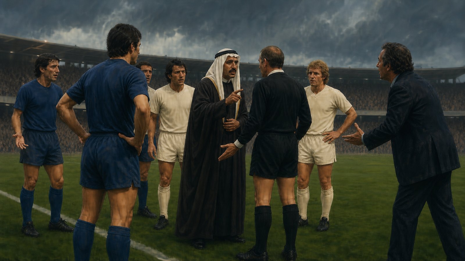 A dignified Gulf football official in a dark robe approaches a referee amid anonymous players in a 1982 stadium
