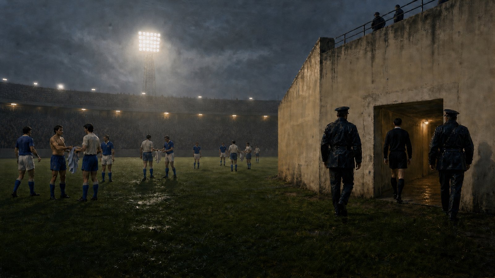A referee stands alone near the centre circle after a tense 1980s international match as police wait by the tunnel