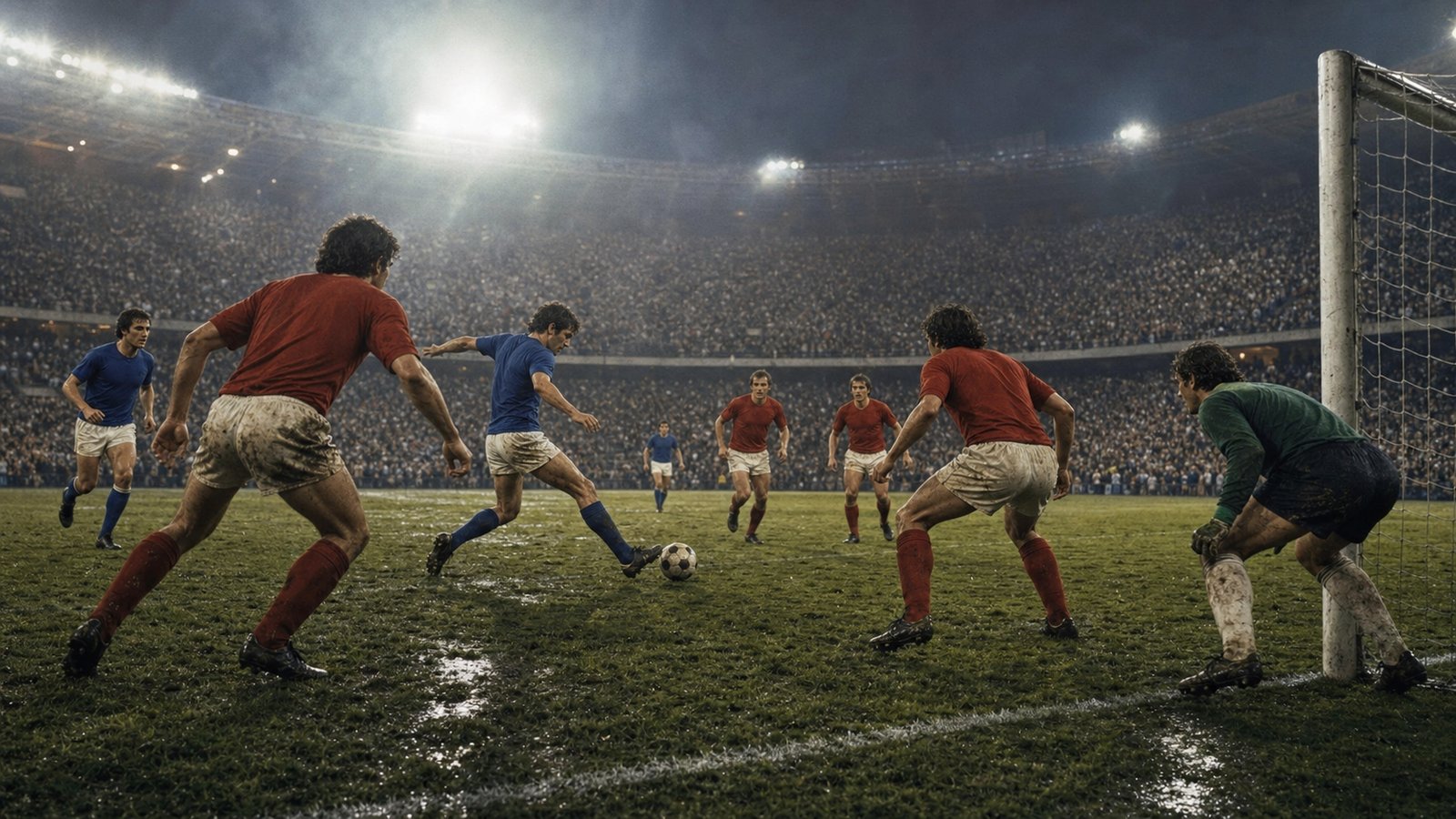 A rainy 1981 football ground as an attendant places a third blank amber points marker