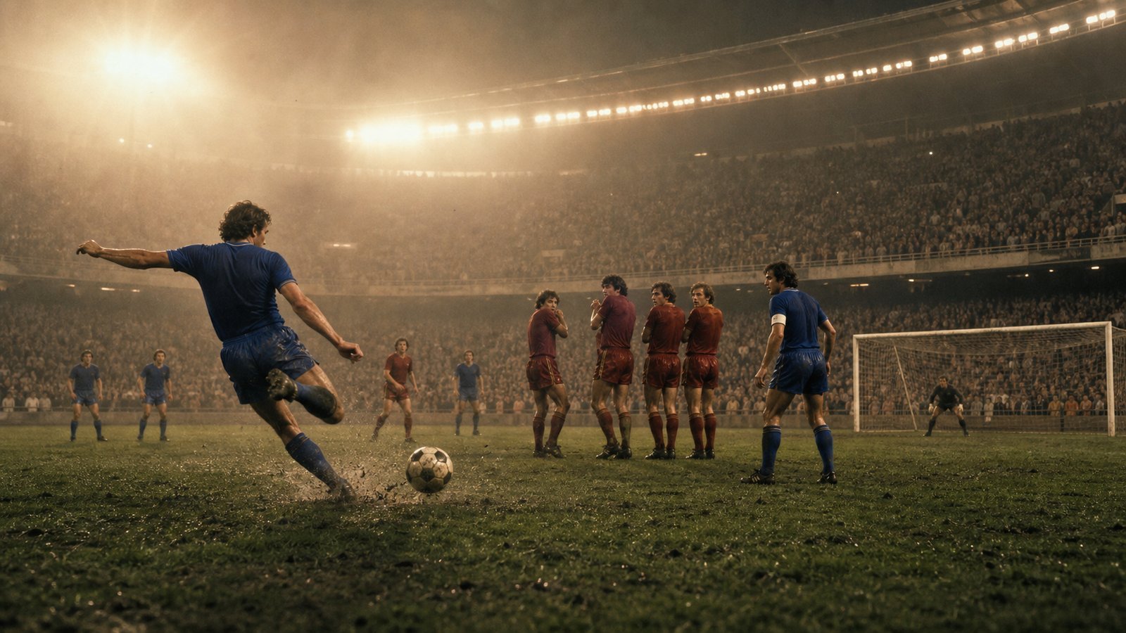 A generic blue-shirted left-back strikes a free kick in a packed 1984 Marseille stadium