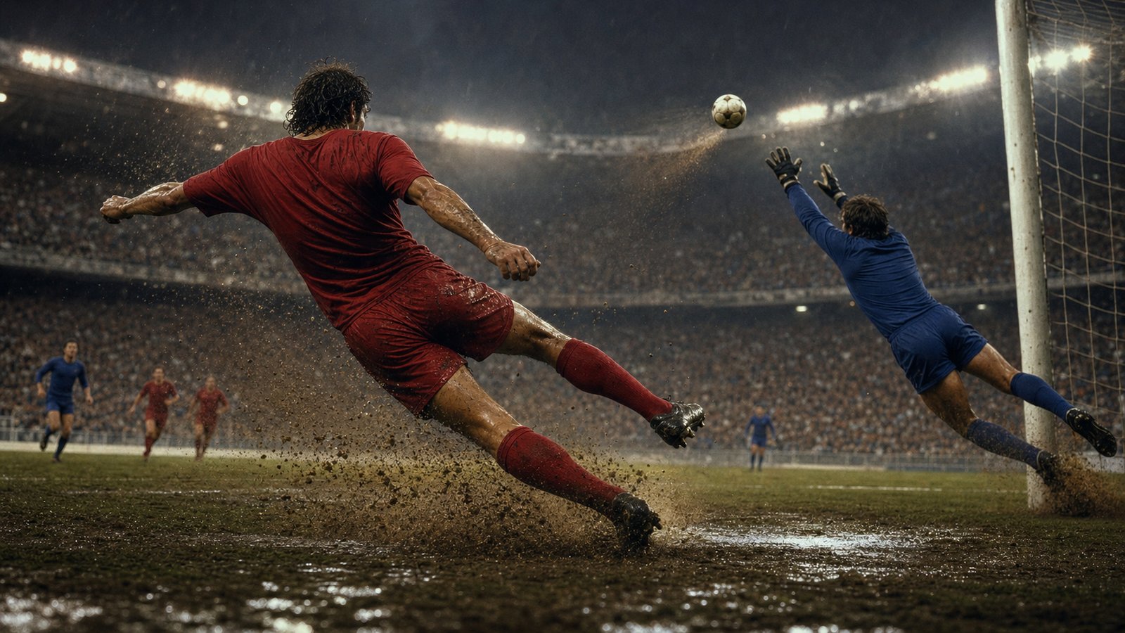 A generic red-shirted striker volleys a cross into the ground during extra time in a rain-darkened stadium