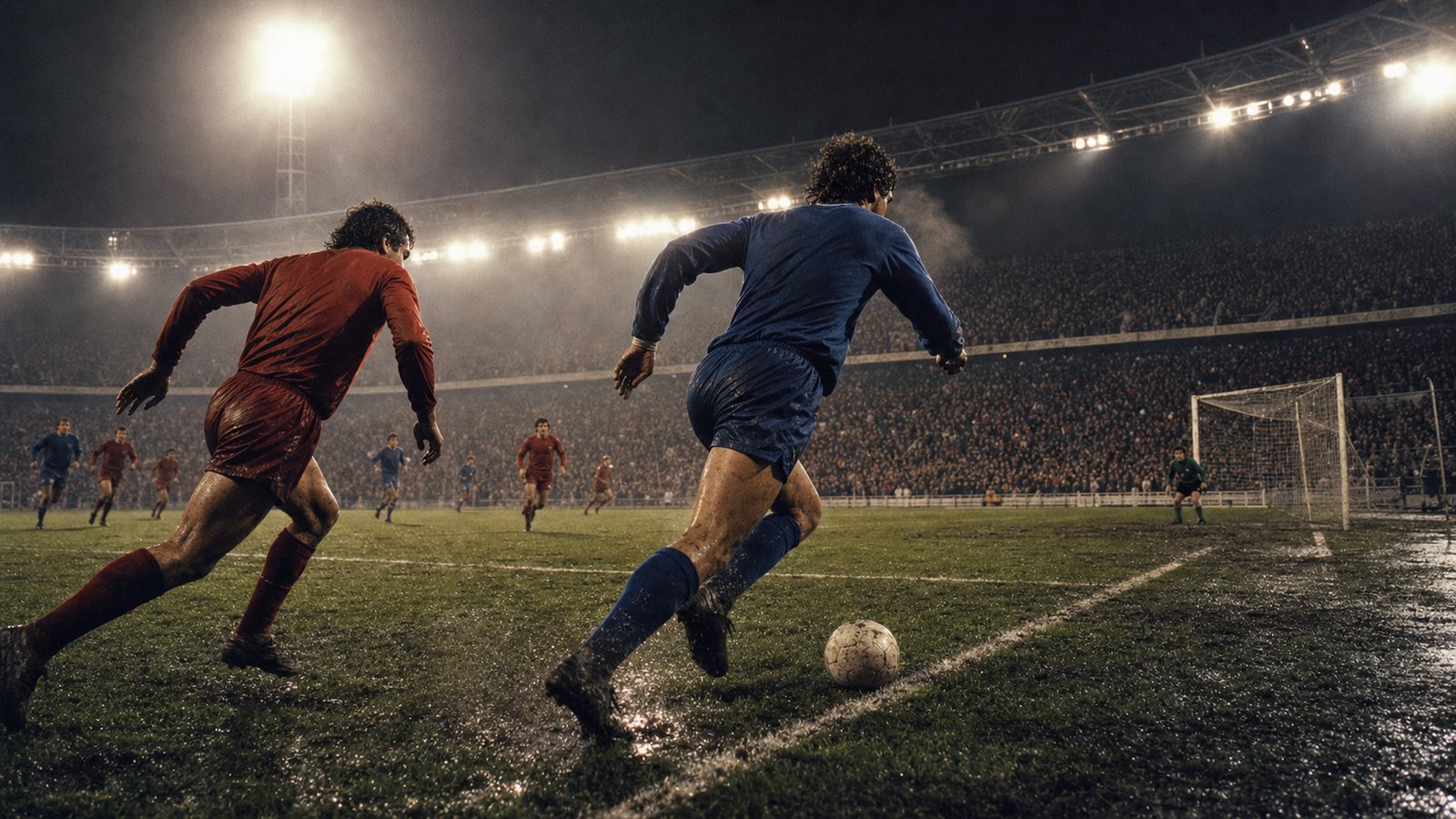 A generic blue-shirted midfielder races to the byline in the final minute of a 1980s European night match