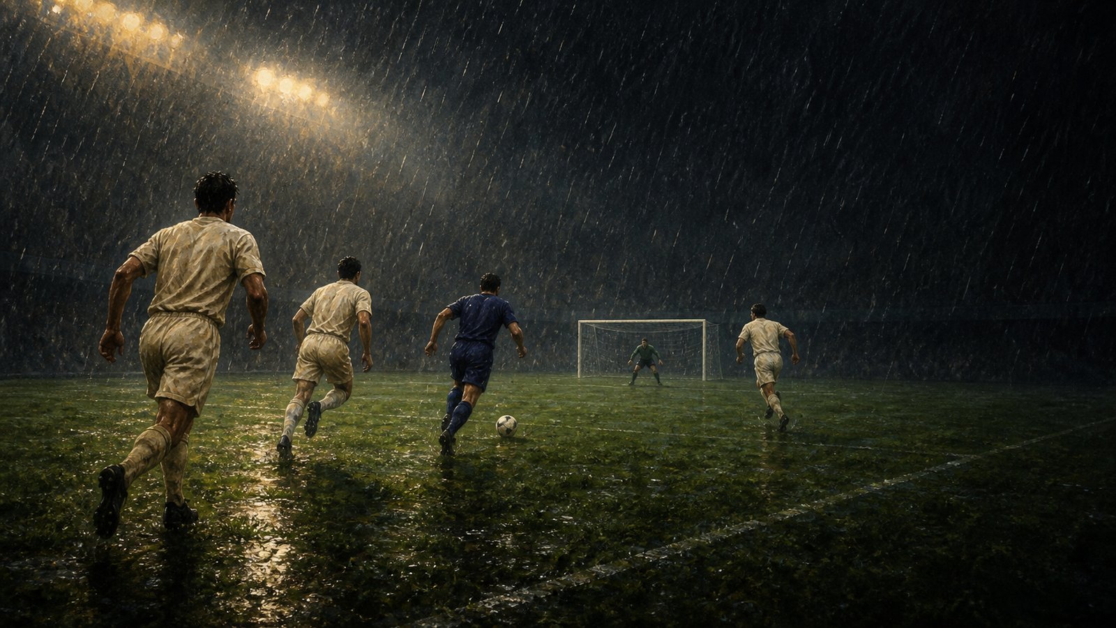 A fictional late-1990s attacker runs toward goal as extra time seems to disappear into darkness