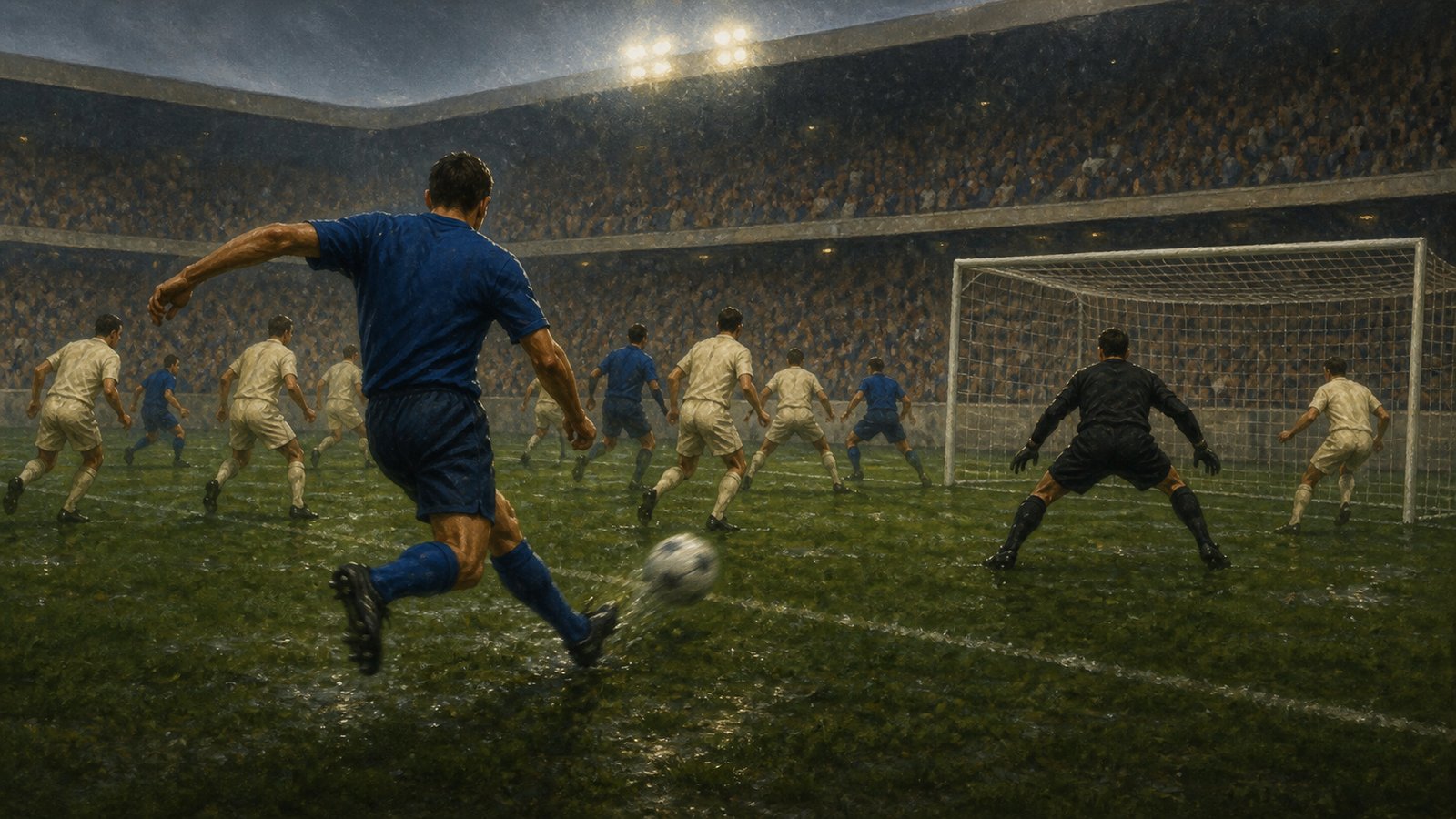 A fictional defender shoots in a crowded 1998-style extra-time penalty area