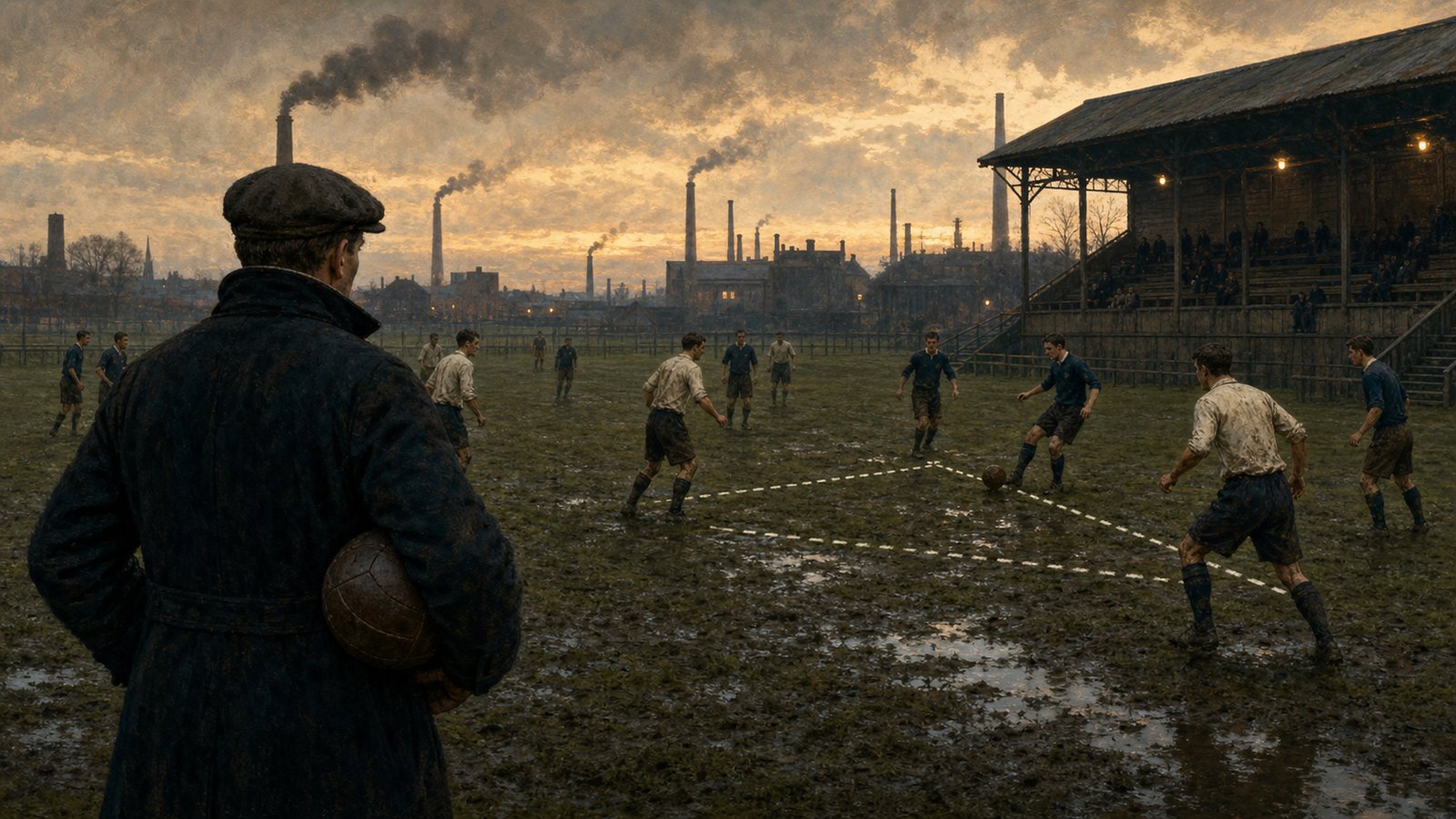 A fictional early twentieth-century coach carries a leather football beside a Central European training pitch