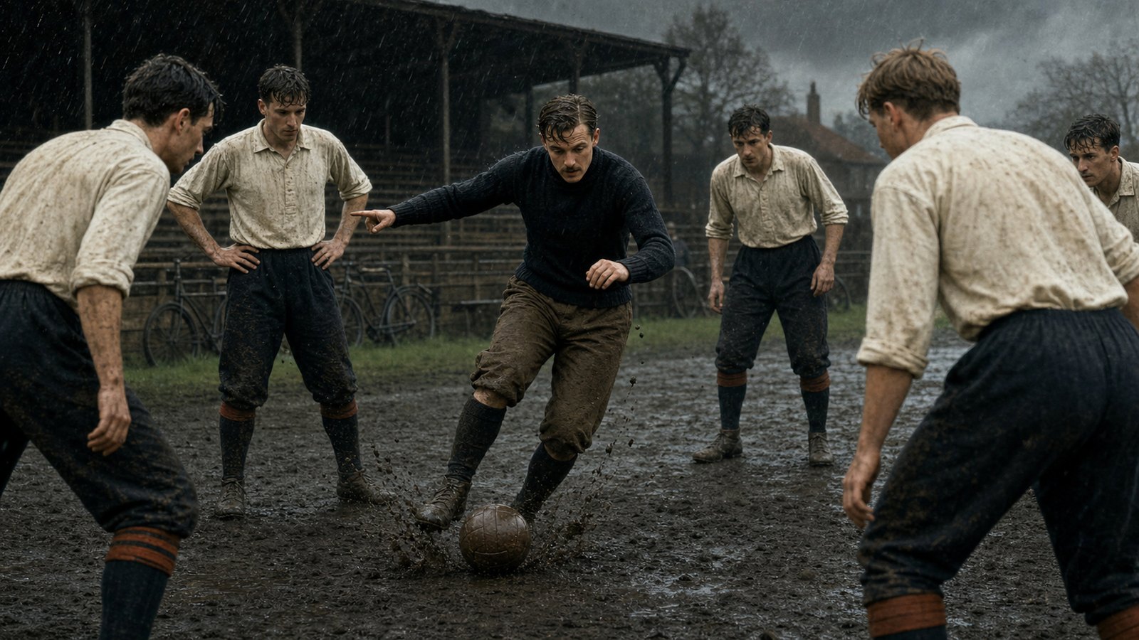 A fictional early twentieth-century British coach demonstrates close control to generic Dutch footballers on a muddy training field