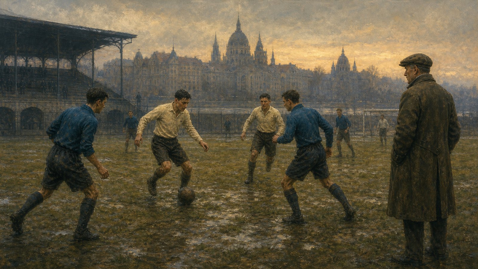 A fictional 1920s Central European football training session rehearses short passing triangles around a visible leather ball