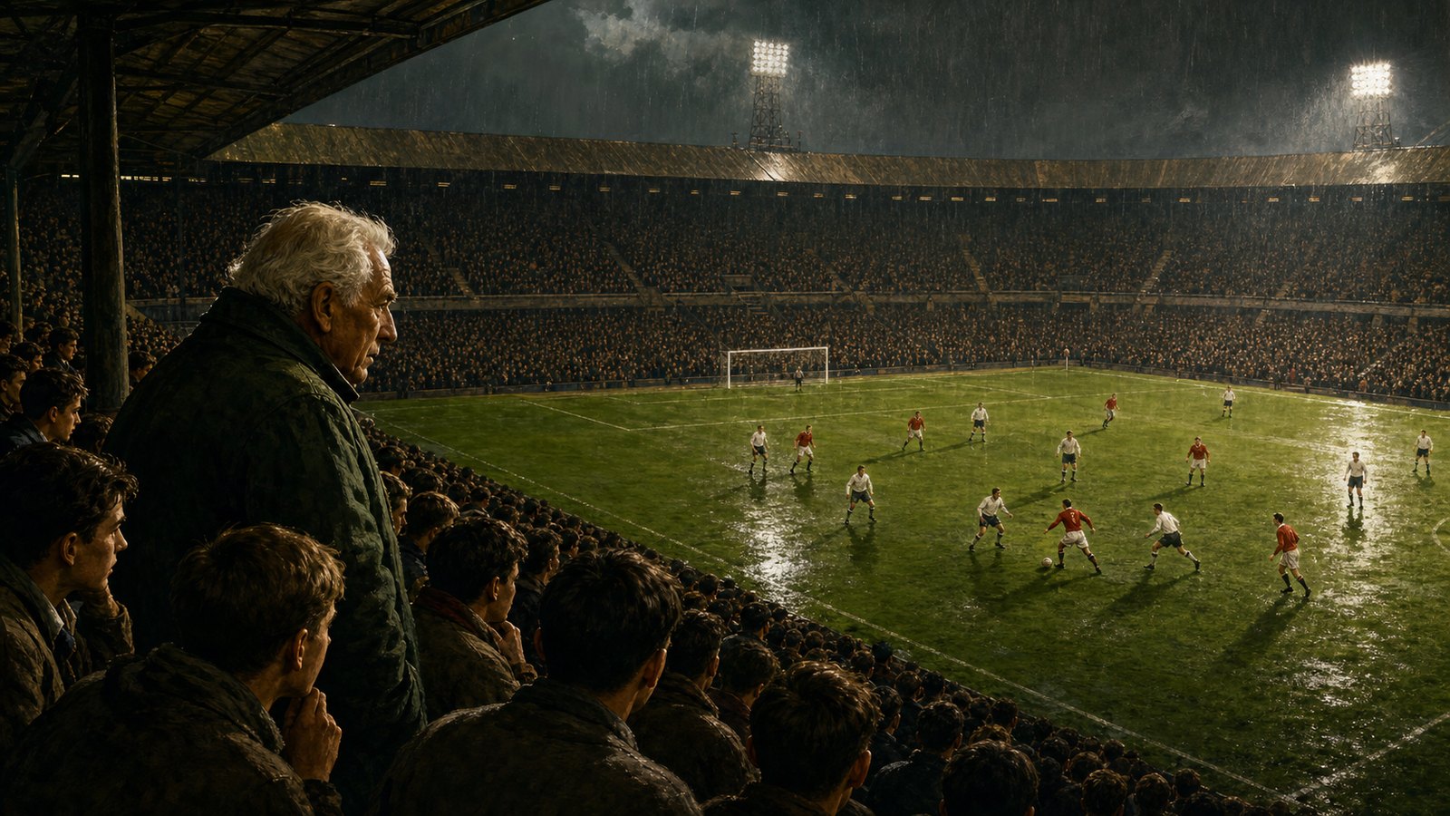 An elderly fictional coach watches from the Wembley crowd while generic red-shirted players use fluid movement below