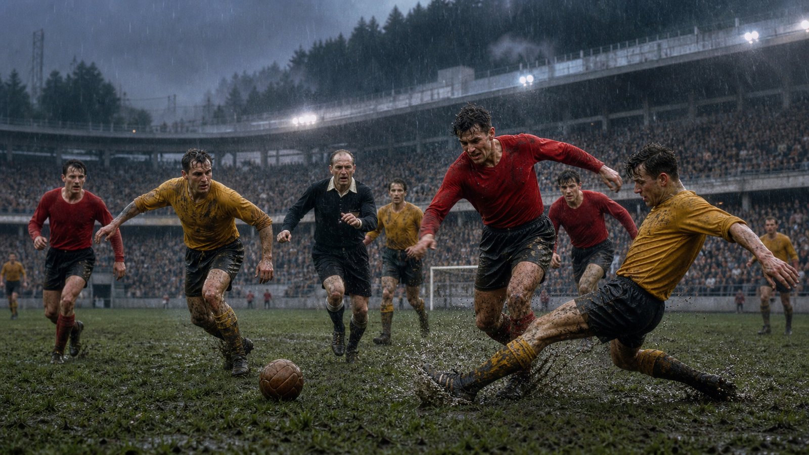 Hungary and Brazil players contesting a rain-soaked 1954 World Cup quarter-final