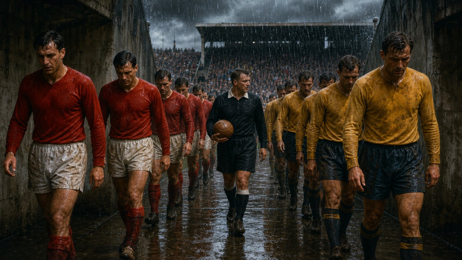 Hungary and Brazil players entering a rain-soaked 1950s stadium for a World Cup quarter-final