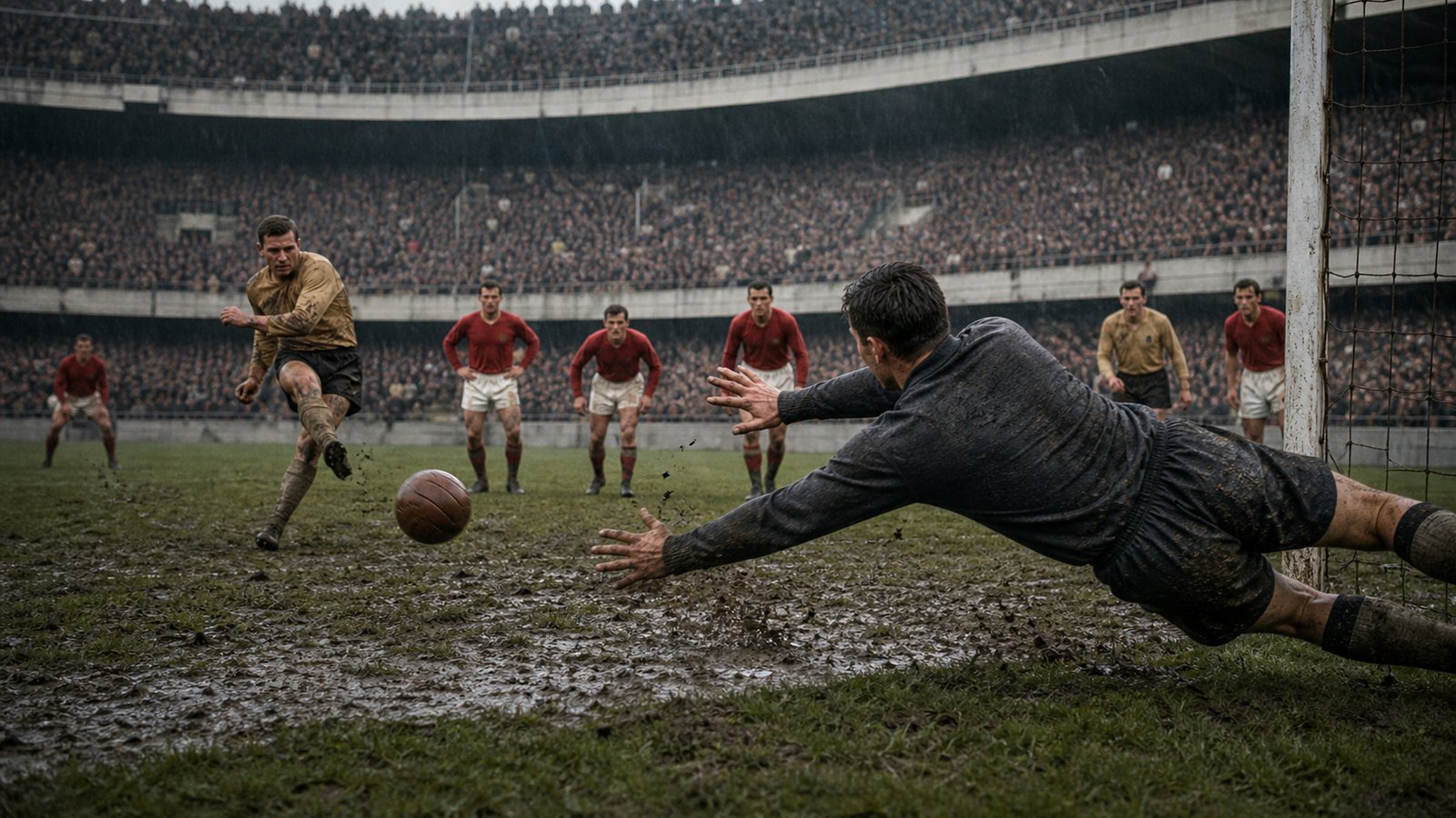 A 1950s international penalty kick under heavy rain with tense players waiting outside the area
