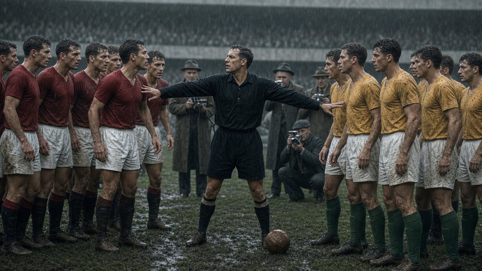 A 1950s football referee standing between opposing players during a rain-soaked confrontation