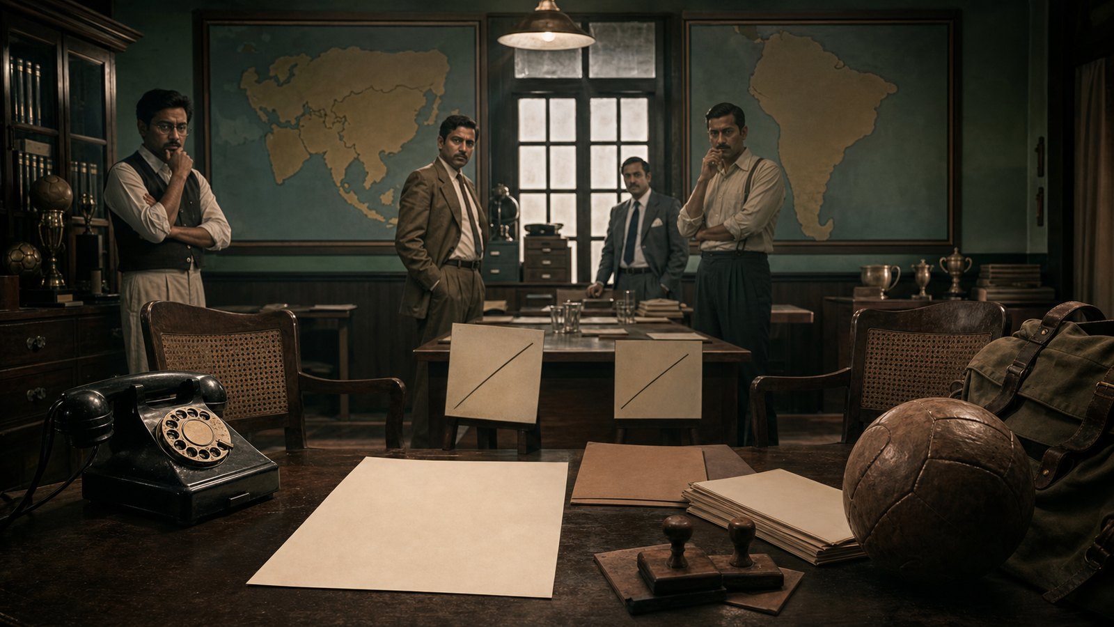 A 1949 Indian football office with a cable, leather ball and empty opponent chairs