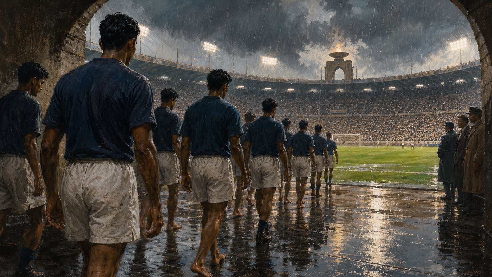 A barefoot Indian football squad walking from a tunnel toward an Olympic stadium
