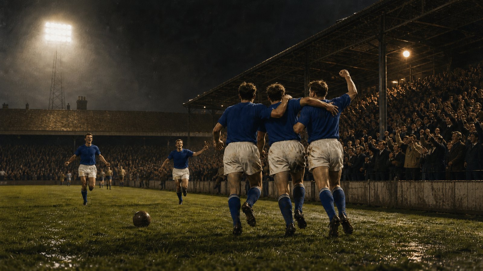 Ipswich-inspired 1961 footballers celebrating beneath Portman Road floodlights