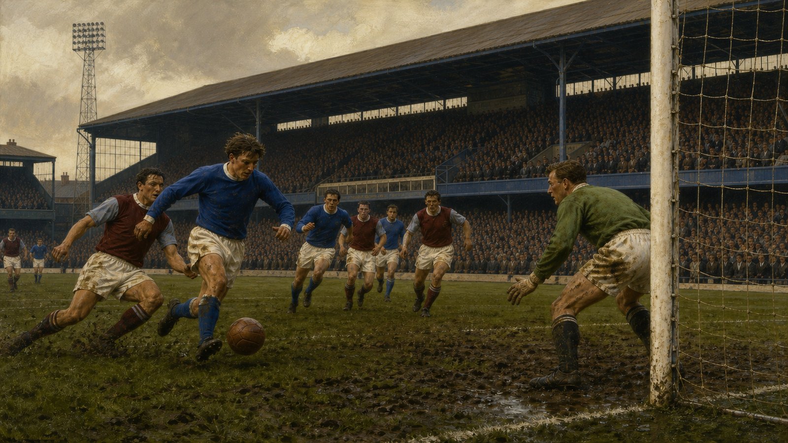 A packed 1961-era Portman Road under floodlights with generic blue-shirted footballers attacking