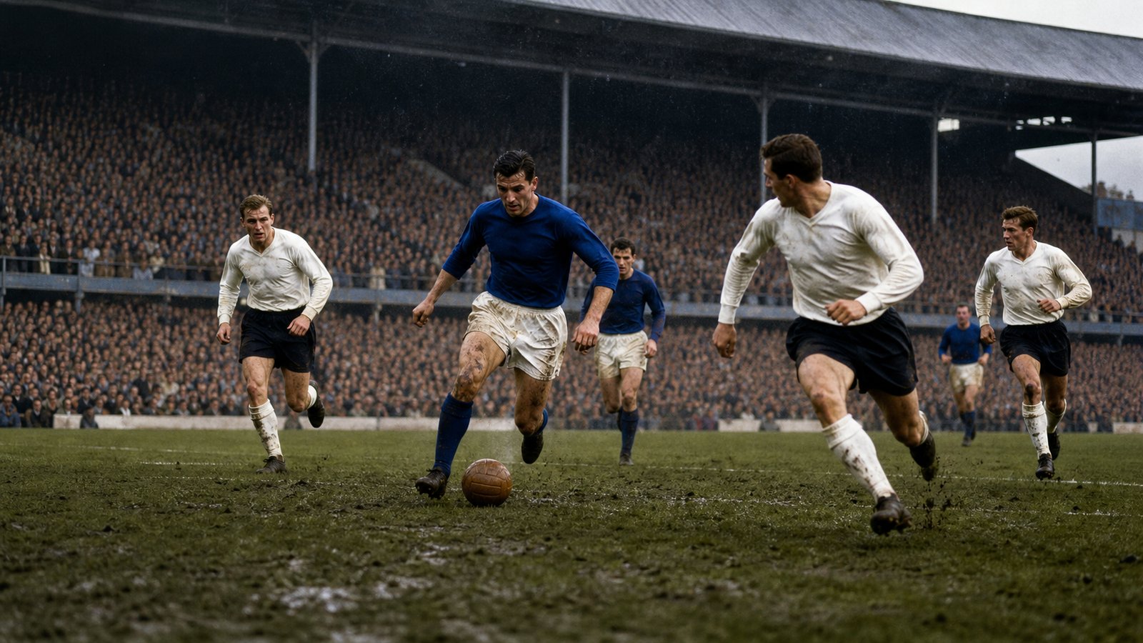 A 1960s football match at White Hart Lane with an Ipswich-inspired blue side breaking forward